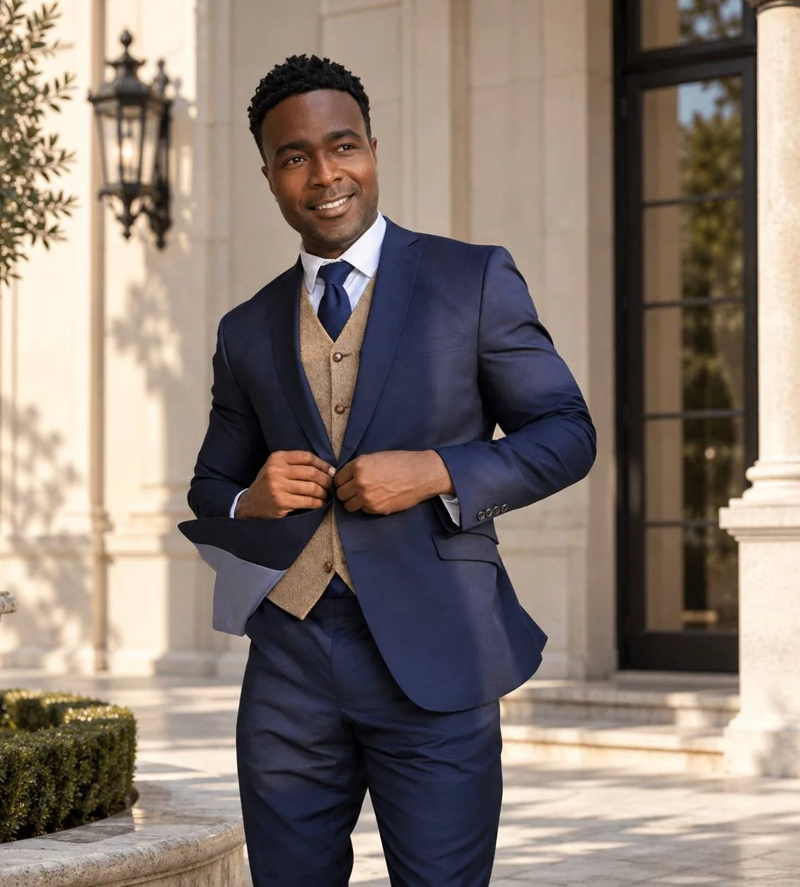 A man in a navy suit with a tan patterned waistcoat, standing outdoors
