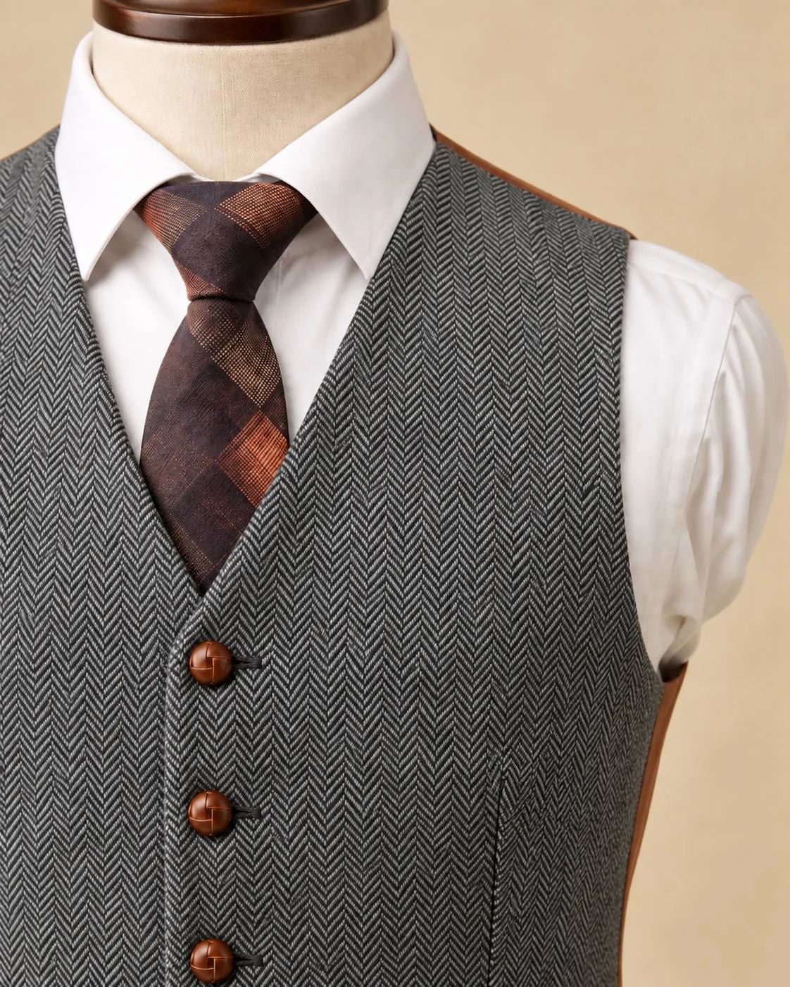 Gray Herringbone Wool Waistcoat – Formal Tweed Vest — image 6