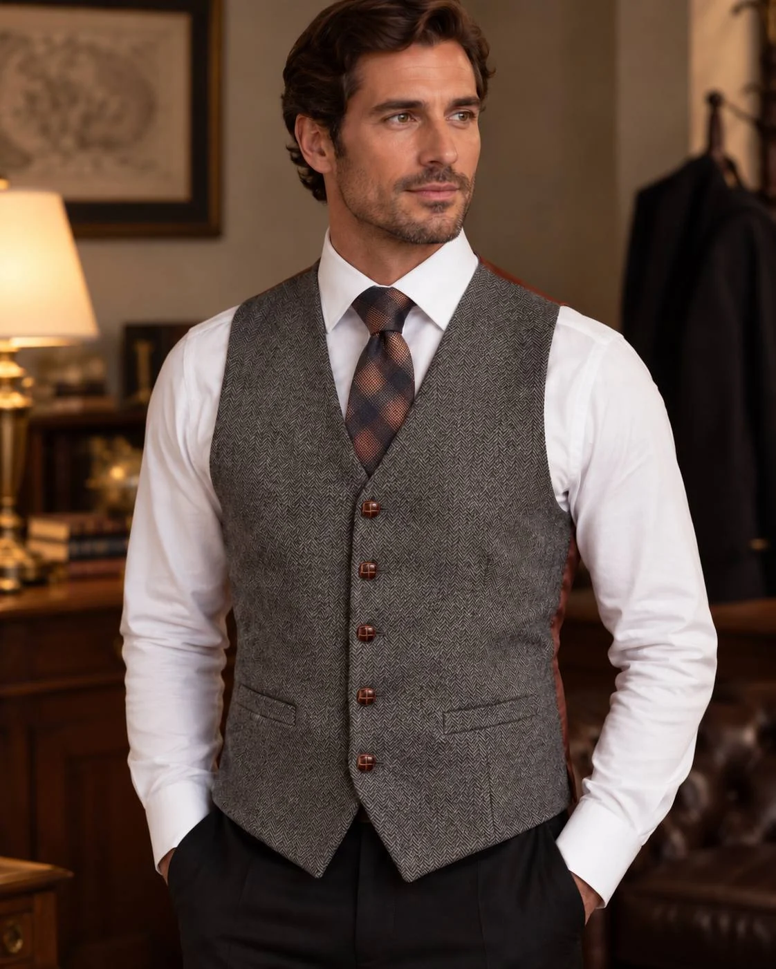 Gray Herringbone Wool Waistcoat – Formal Tweed Vest — image 3