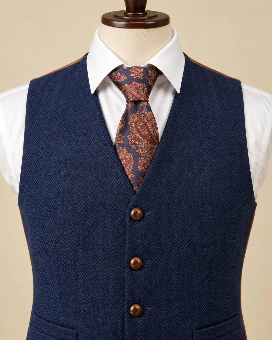 Navy Blue Herringbone Wool Waistcoat – Formal Tweed Vest — image 5