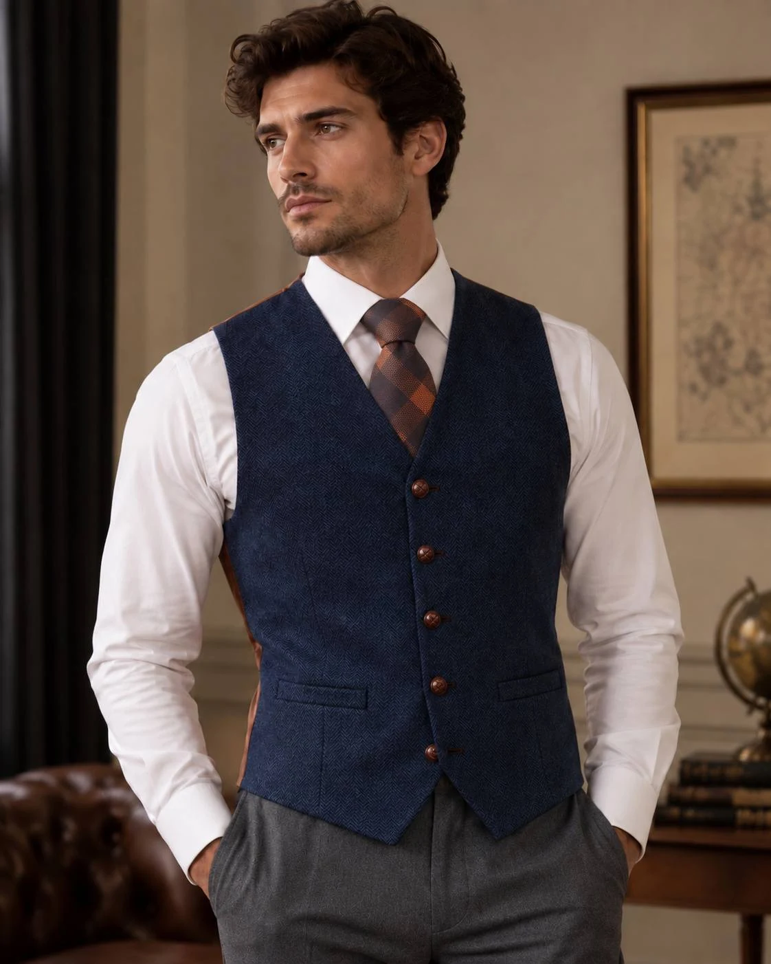 Navy Blue Herringbone Wool Waistcoat – Formal Tweed Vest — image 3
