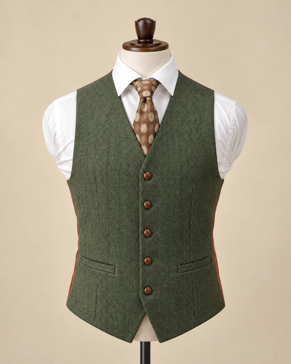 Olive Green Herringbone Wool Waistcoat – Formal Tweed Vest — image 5