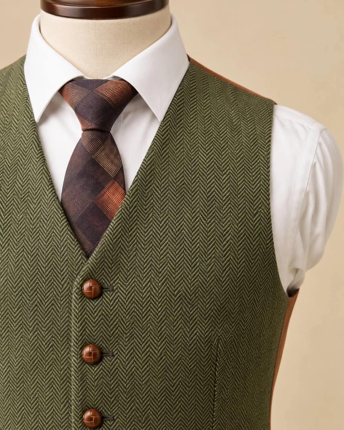 Olive Green Herringbone Wool Waistcoat – Formal Tweed Vest — image 6