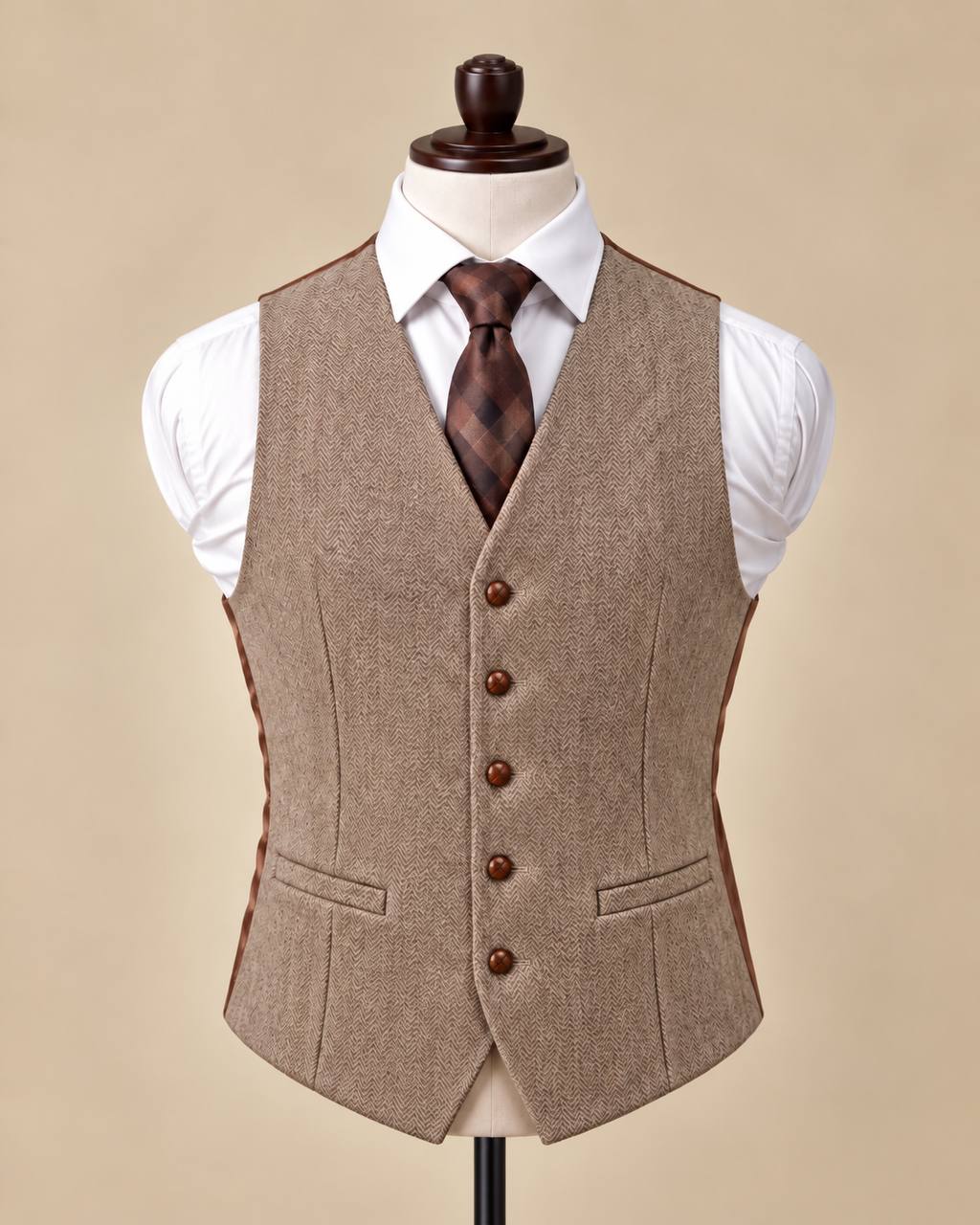 Brown Herringbone Wool Waistcoat – Formal Tweed Vest