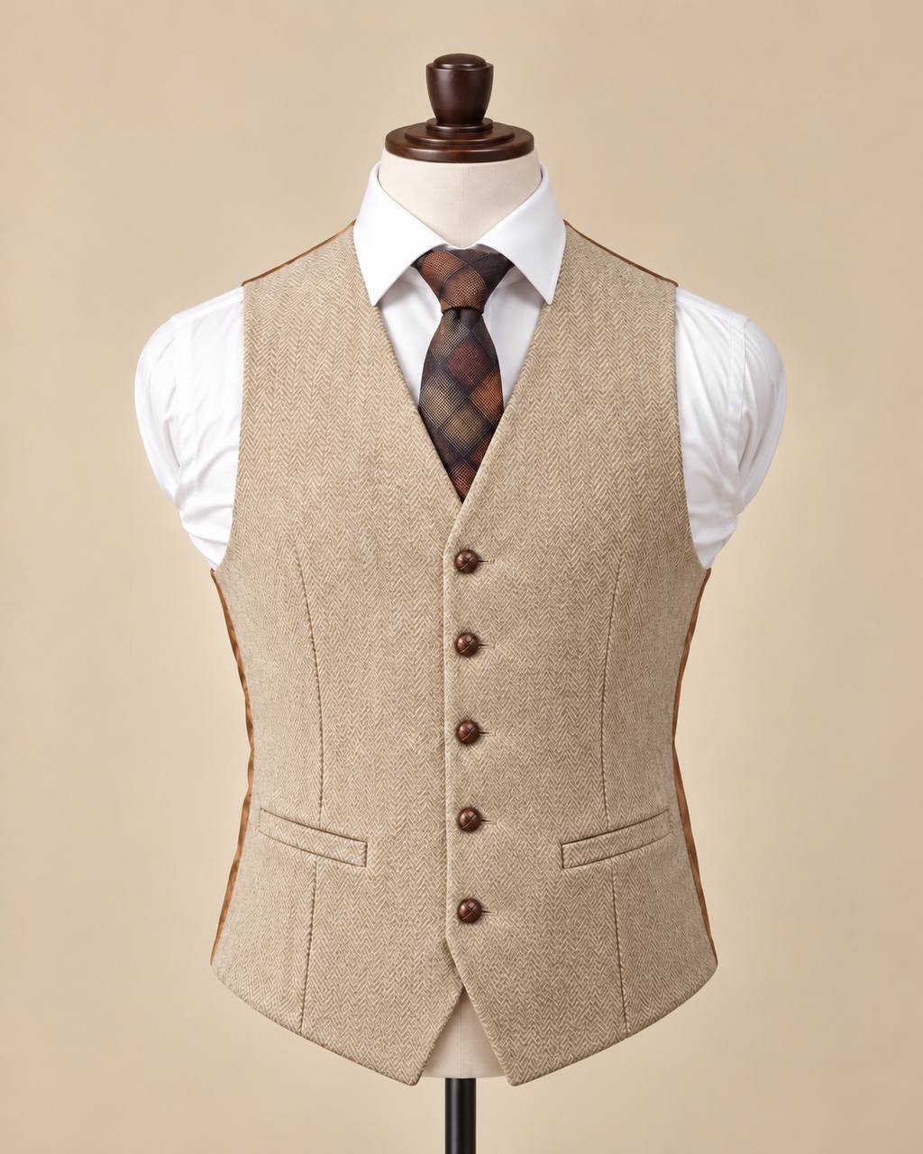Cream Herringbone Wool Waistcoat – Formal Tweed Vest