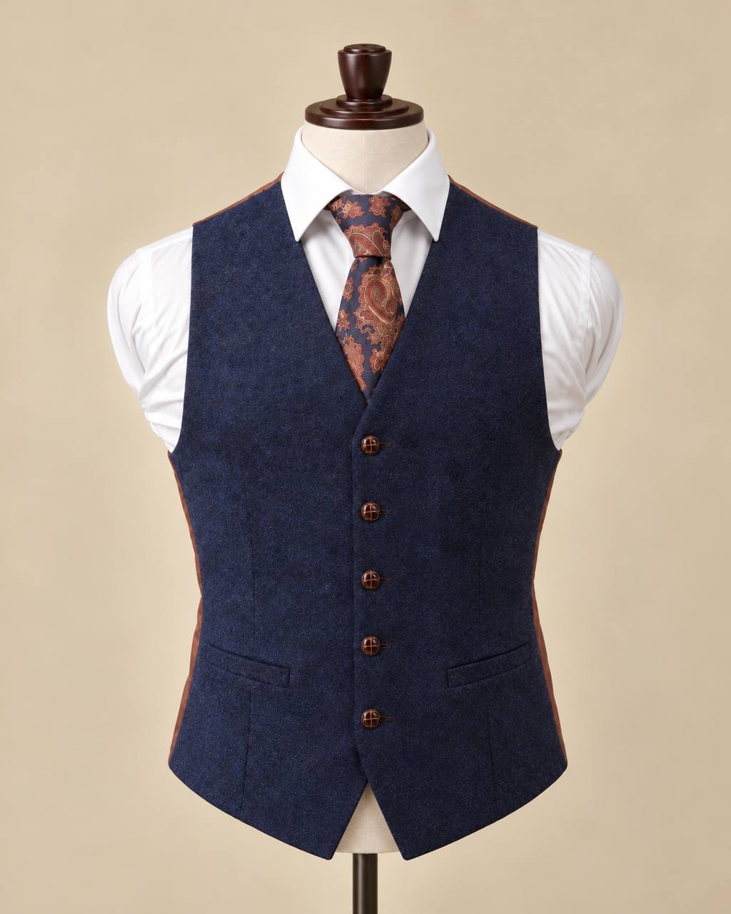 Navy Blue Herringbone Wool Waistcoat – Formal Tweed Vest — image 6