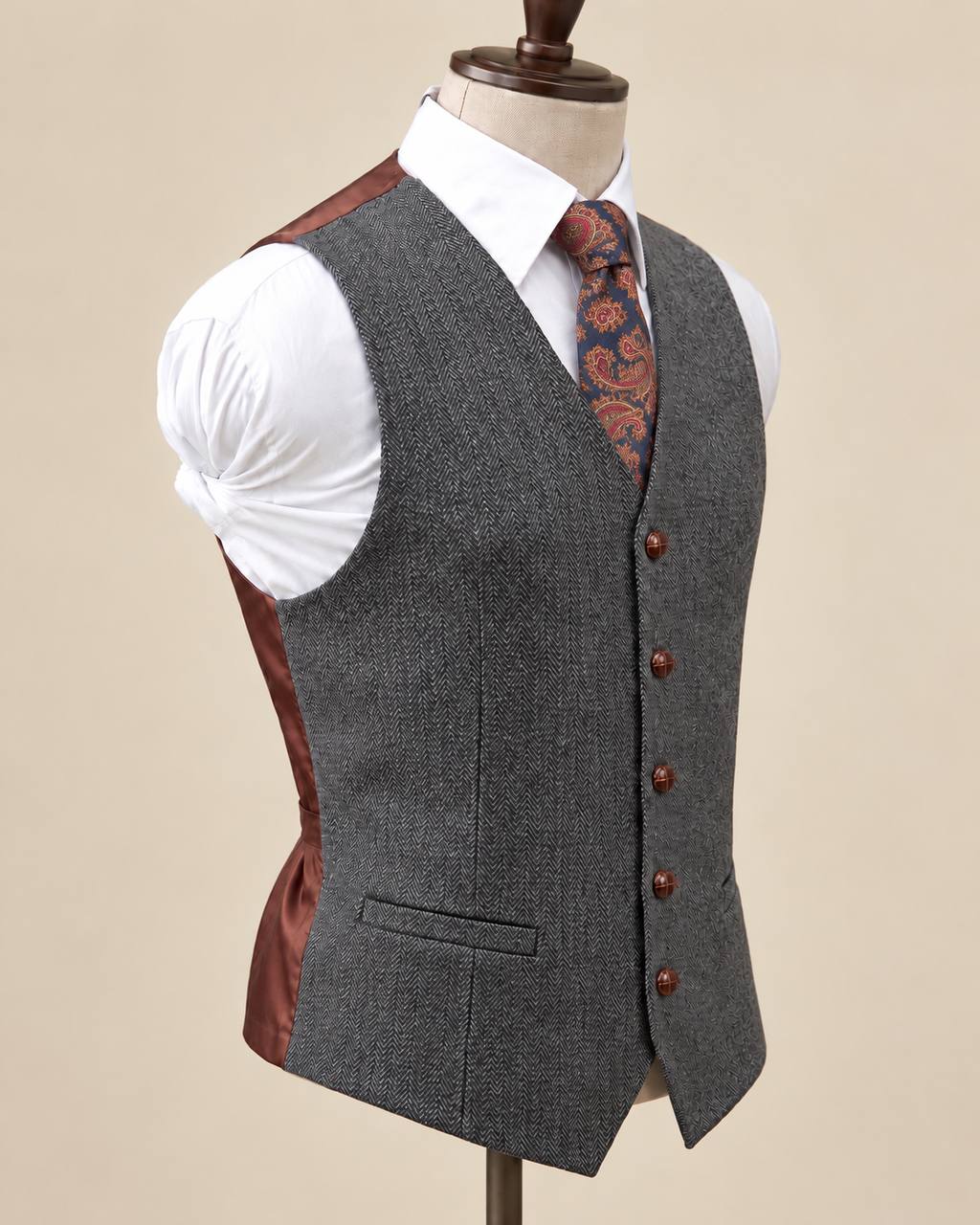 Gray Herringbone Wool Waistcoat – Formal Tweed Vest — image 5
