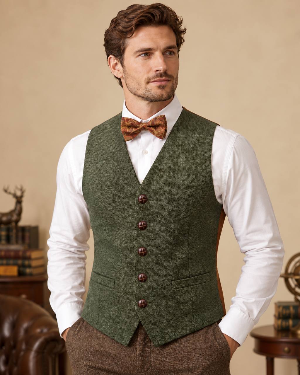 Olive Green Herringbone Wool Waistcoat – Formal Tweed Vest — image 3