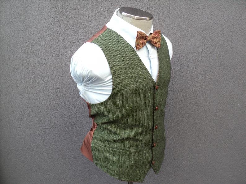 Olive Green Herringbone Vest / Waistcoat - Bude Brothers